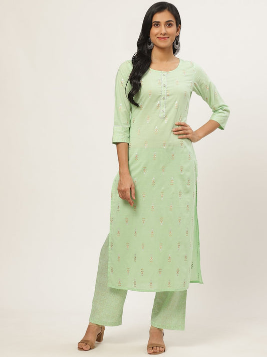 Women's Green Three-Quarter Sleeves Straight Kurta With Palazzo