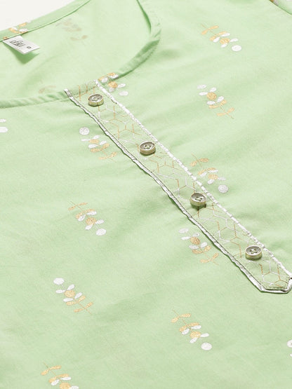 Women's Green Three-Quarter Sleeves Straight Kurta With Palazzo
