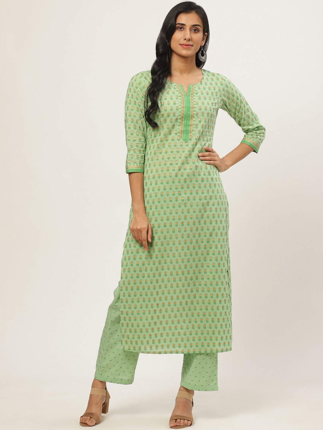 Women's Green Three-Quarter Sleeves Straight Kurta With Palazzo