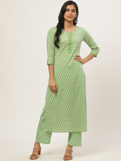 Women's Green Three-Quarter Sleeves Straight Kurta With Palazzo