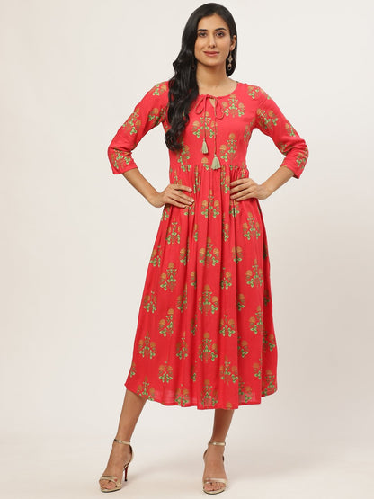 Women's Coral Floral Printed V-Neck Cotton Fit And Flare Dress