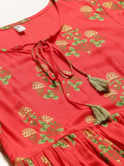 Women's Coral Floral Printed V-Neck Cotton Fit And Flare Dress