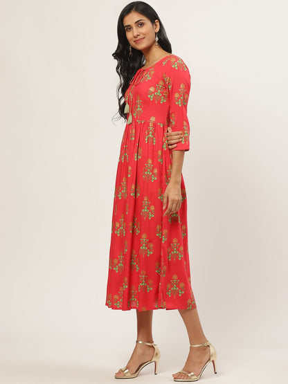 Women's Coral Floral Printed V-Neck Cotton Fit And Flare Dress