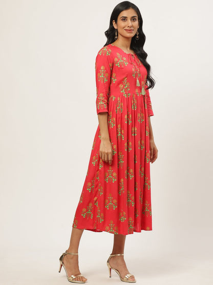 Women's Coral Floral Printed V-Neck Cotton Fit And Flare Dress