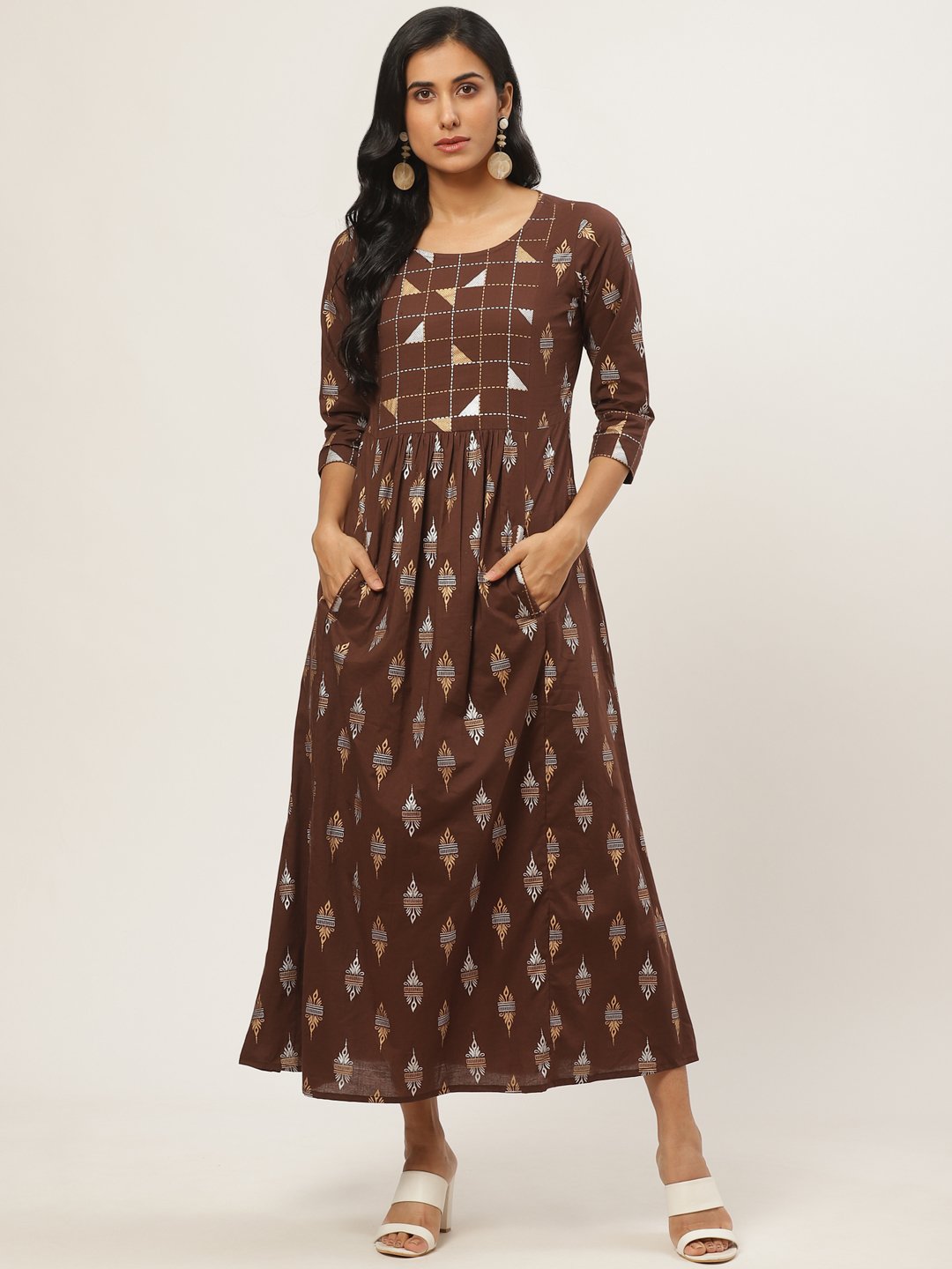 Women's Brown Ethnic Motifs Printed Round Neck Cotton Fit And Flare Dress