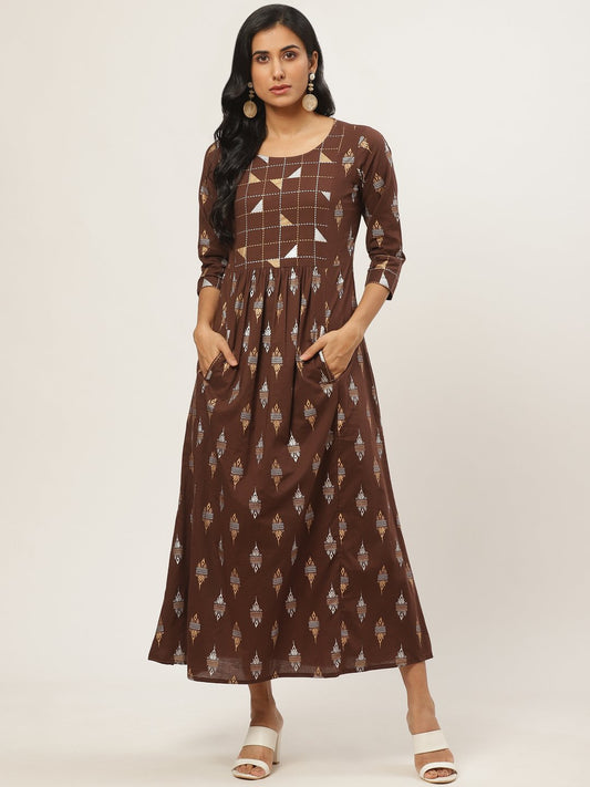 Women's Brown Ethnic Motifs Printed Round Neck Cotton Fit And Flare Dress