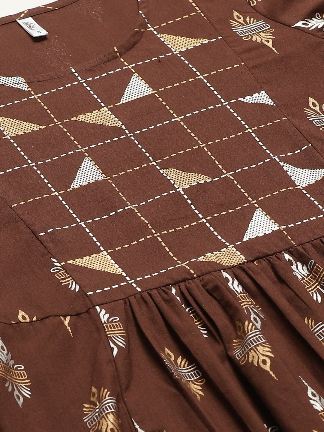 Women's Brown Ethnic Motifs Printed Round Neck Cotton Fit And Flare Dress