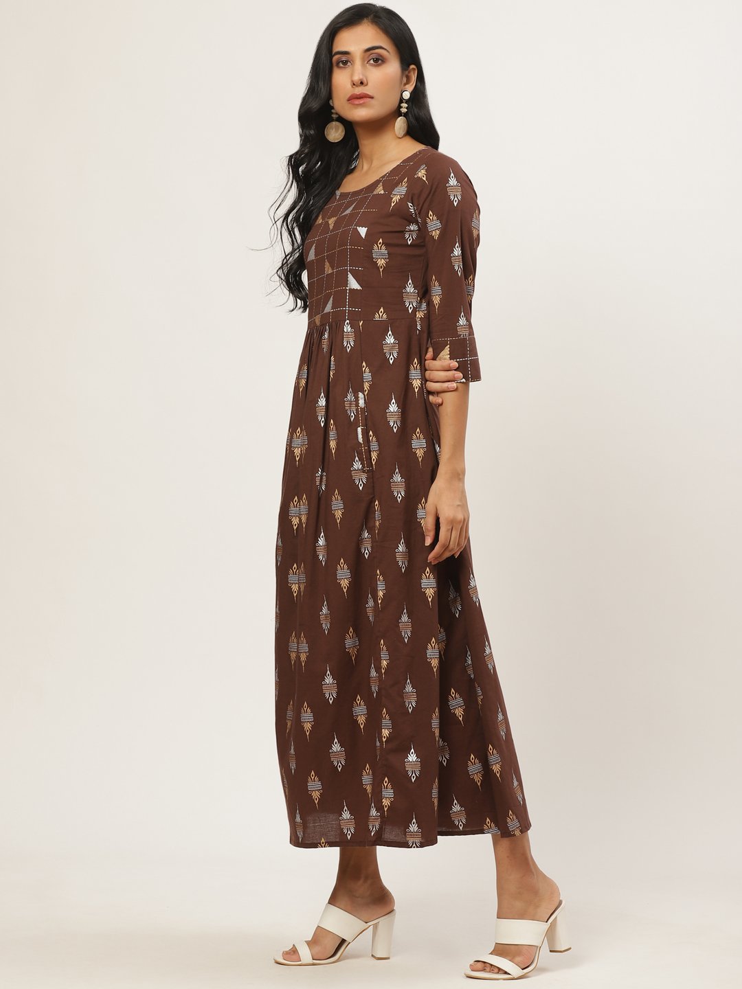 Women's Brown Ethnic Motifs Printed Round Neck Cotton Fit And Flare Dress