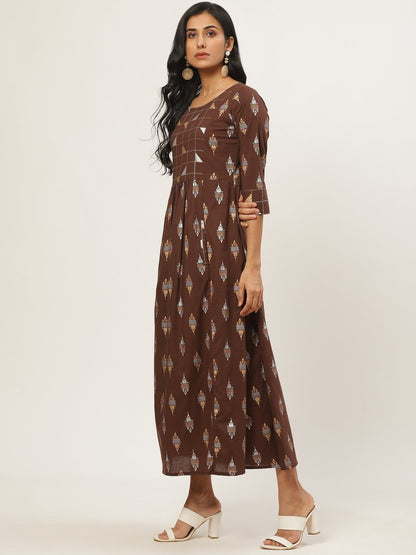 Women's Brown Ethnic Motifs Printed Round Neck Cotton Fit And Flare Dress