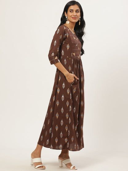 Women's Brown Ethnic Motifs Printed Round Neck Cotton Fit And Flare Dress