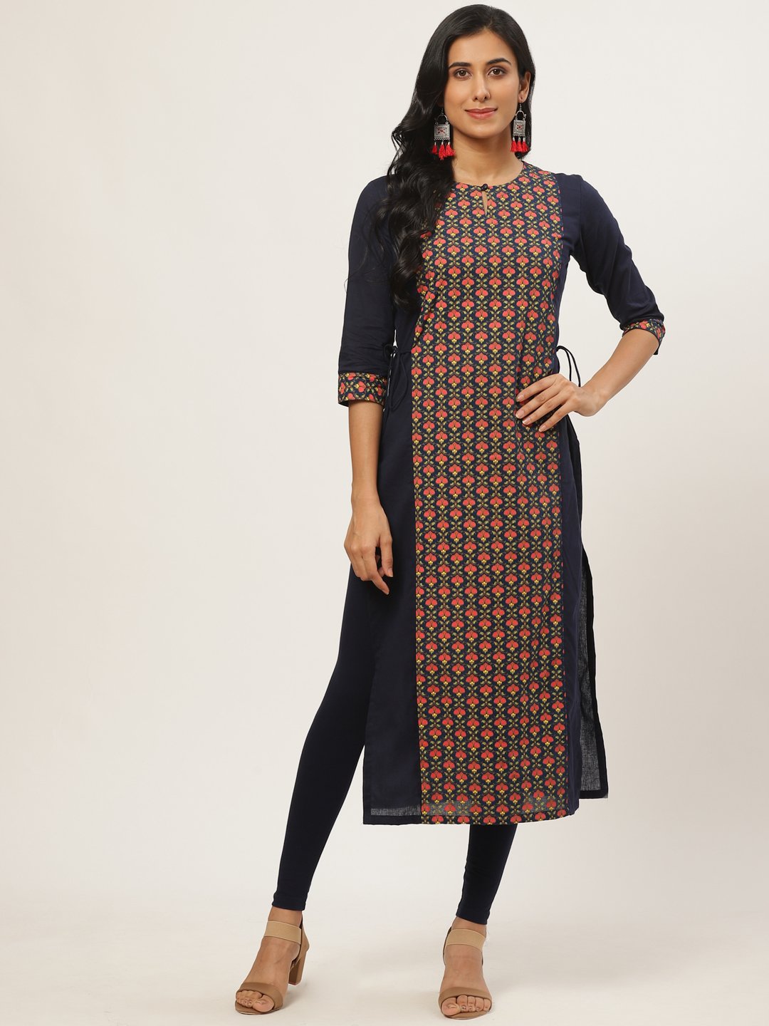 Women's Navy Blue Calf Length Three-Quarter Sleeves Straight Floral Printed Cotton Kurta