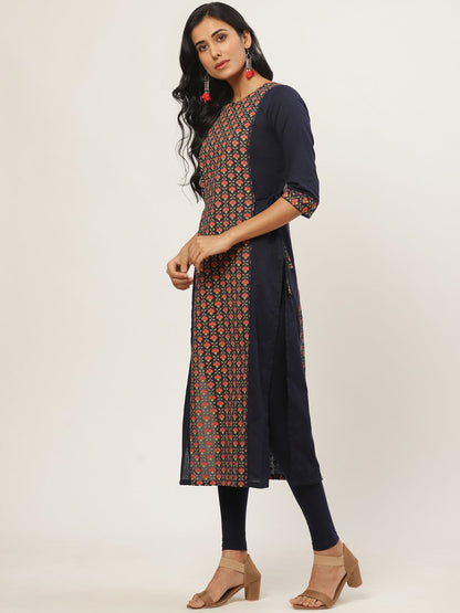 Women's Navy Blue Calf Length Three-Quarter Sleeves Straight Floral Printed Cotton Kurta