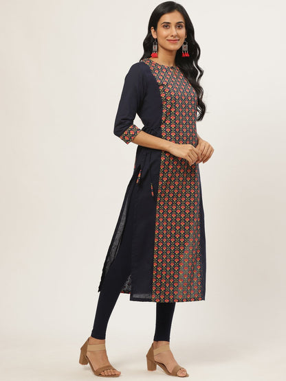 Women's Navy Blue Calf Length Three-Quarter Sleeves Straight Floral Printed Cotton Kurta
