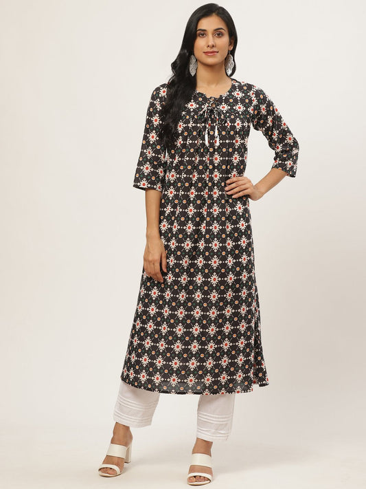 Women's Black Three-Quarter Sleeves Flared Kurta With Trouser