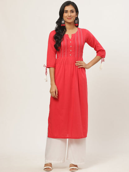 Women's Red Calf Length Three-Quarter Sleeves A-Line Solid Yoke Design Cotton Kurta