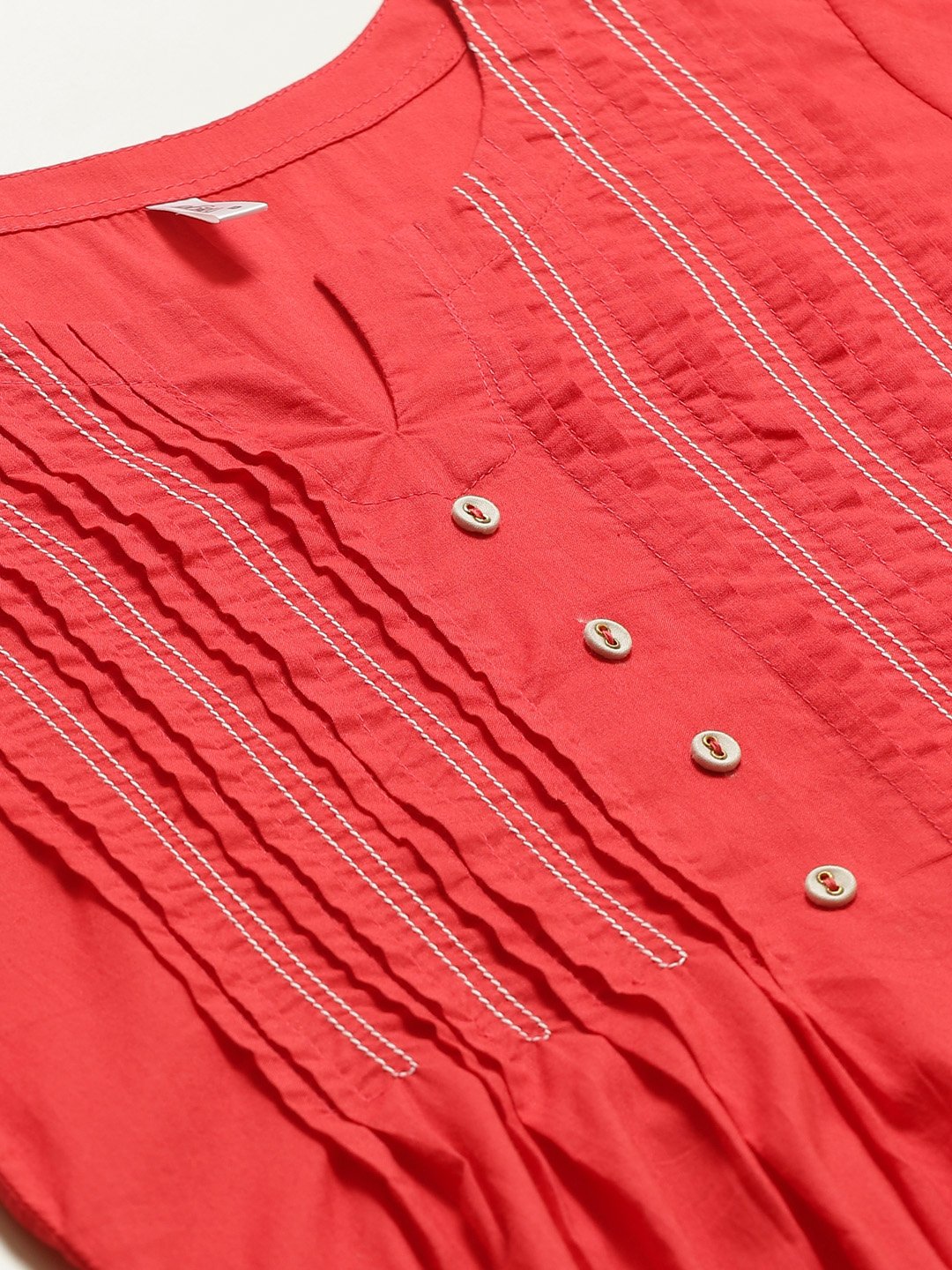 Women's Red Calf Length Three-Quarter Sleeves A-Line Solid Yoke Design Cotton Kurta