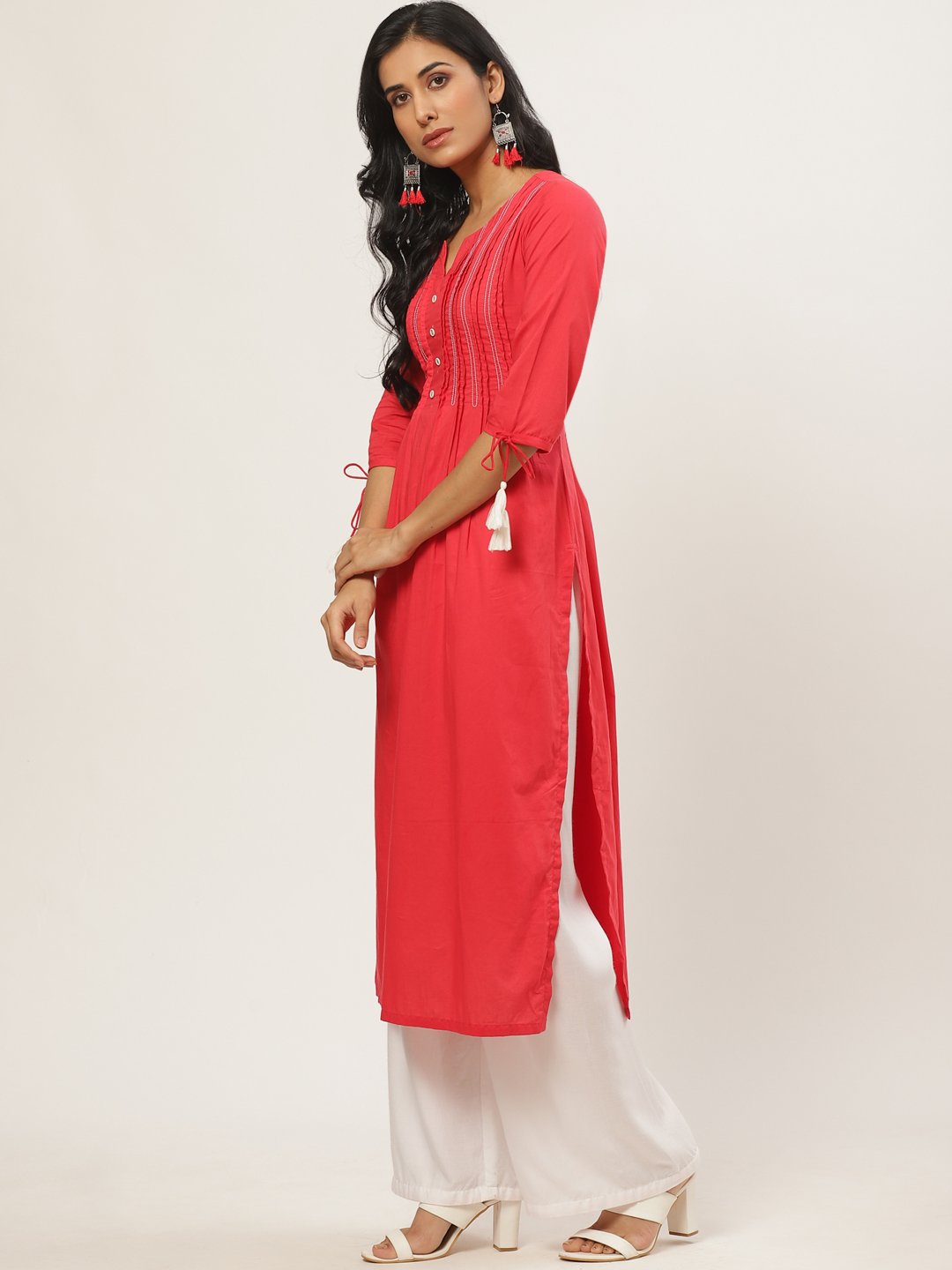 Women's Red Calf Length Three-Quarter Sleeves A-Line Solid Yoke Design Cotton Kurta