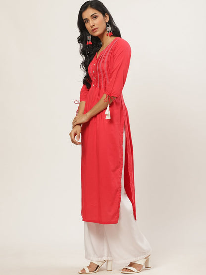 Women's Red Calf Length Three-Quarter Sleeves A-Line Solid Yoke Design Cotton Kurta