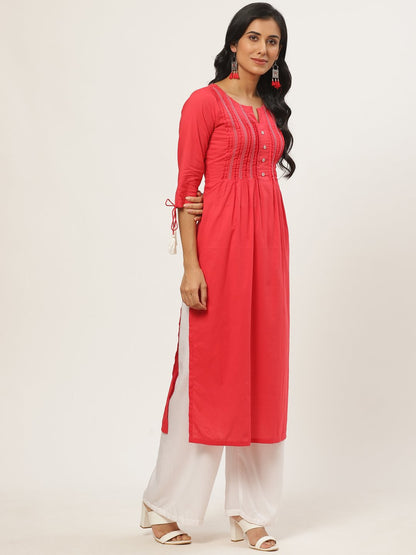 Women's Red Calf Length Three-Quarter Sleeves A-Line Solid Yoke Design Cotton Kurta