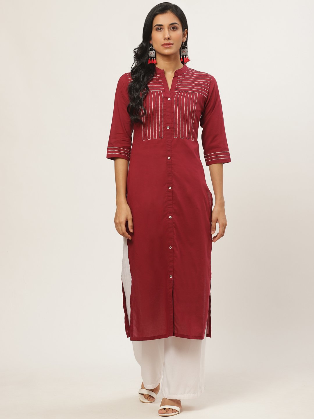 Women's Maroon Calf Length Three-Quarter Sleeves Straight Solid Solid Cotton Kurta