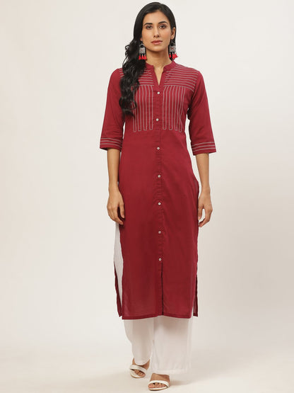 Women's Maroon Calf Length Three-Quarter Sleeves Straight Solid Solid Cotton Kurta
