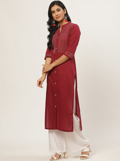 Women's Maroon Calf Length Three-Quarter Sleeves Straight Solid Solid Cotton Kurta