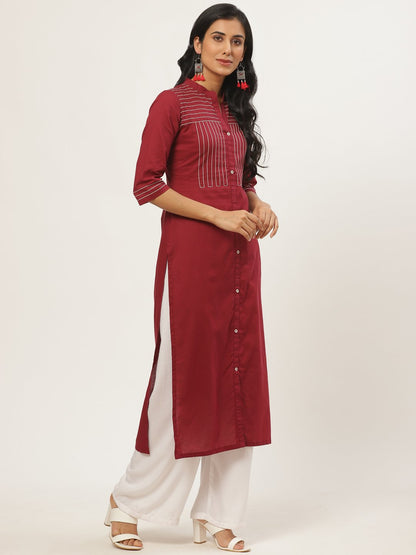 Women's Maroon Calf Length Three-Quarter Sleeves Straight Solid Solid Cotton Kurta