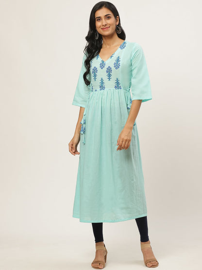 Women's Blue Calf Length Three-Quarter Sleeves A-Line Solid Solid Cotton Kurta