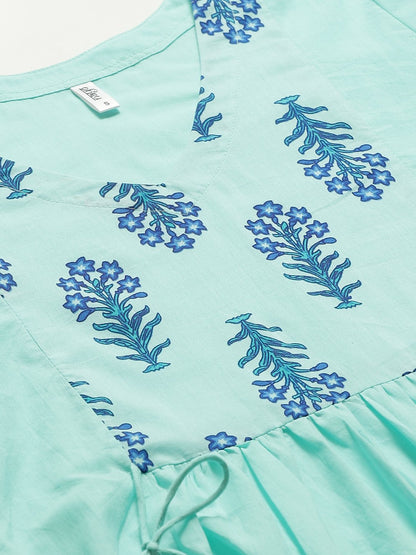 Women's Blue Calf Length Three-Quarter Sleeves A-Line Solid Solid Cotton Kurta