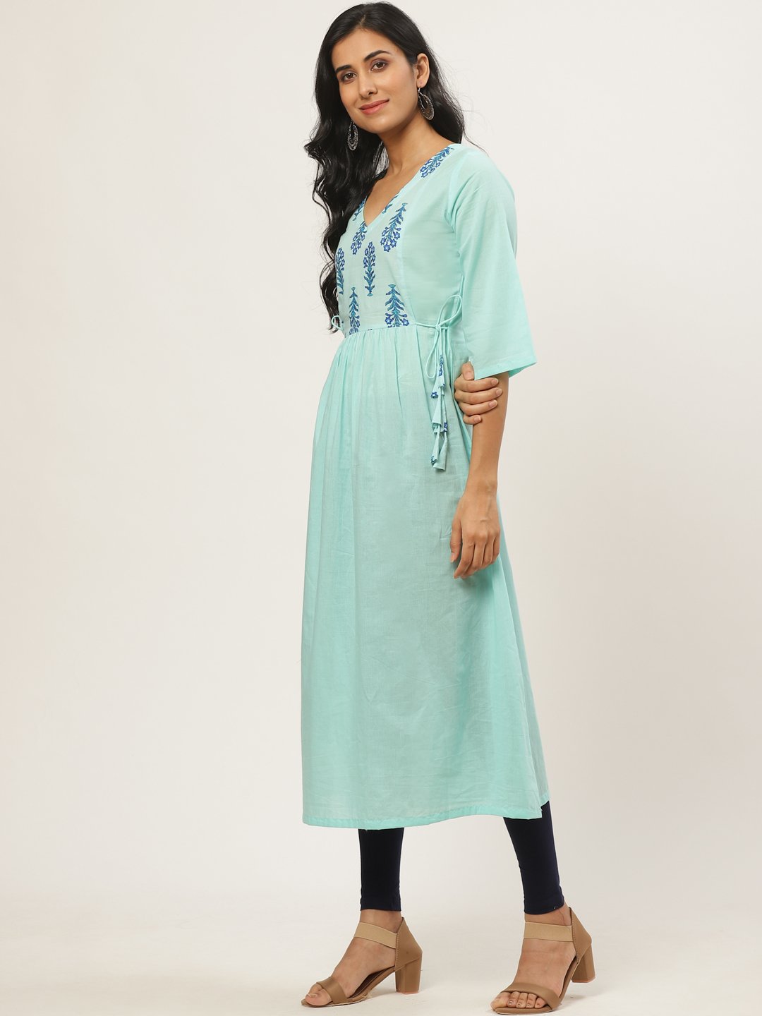 Women's Blue Calf Length Three-Quarter Sleeves A-Line Solid Solid Cotton Kurta