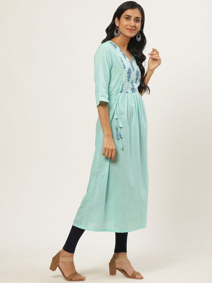 Women's Blue Calf Length Three-Quarter Sleeves A-Line Solid Solid Cotton Kurta