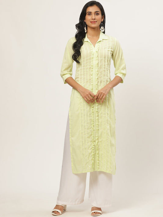 Women's Limeyellow Calf Length Three-Quarter Sleeves Straight Solid Solid Cotton Kurta
