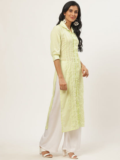 Women's Limeyellow Calf Length Three-Quarter Sleeves Straight Solid Solid Cotton Kurta