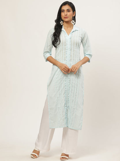 Women's Blue Calf Length Three-Quarter Sleeves Straight Solid Solid Cotton Kurta