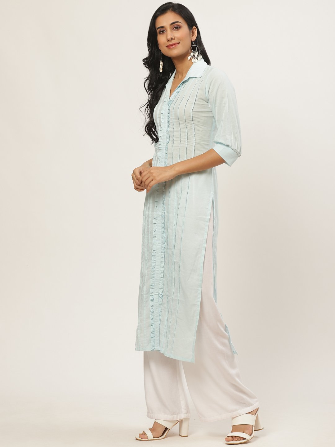 Women's Blue Calf Length Three-Quarter Sleeves Straight Solid Solid Cotton Kurta
