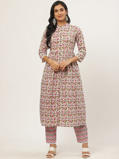 Women's White Three-Quarter Sleeves Flared Kurta With Palazzo