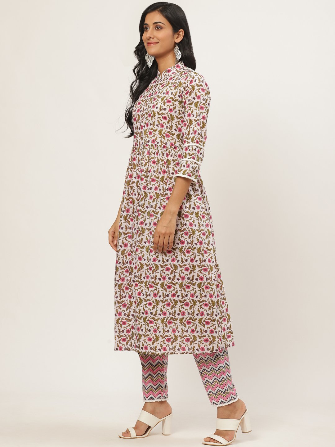 Women's White Three-Quarter Sleeves Flared Kurta With Palazzo