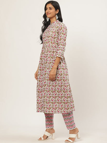 Women's White Three-Quarter Sleeves Flared Kurta With Palazzo