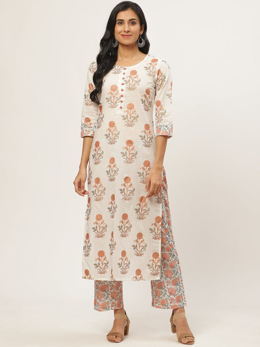 Women's Cream Three-Quarter Sleeves Straight Kurta With Palazzo