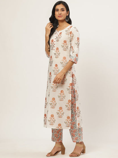 Women's Cream Three-Quarter Sleeves Straight Kurta With Palazzo