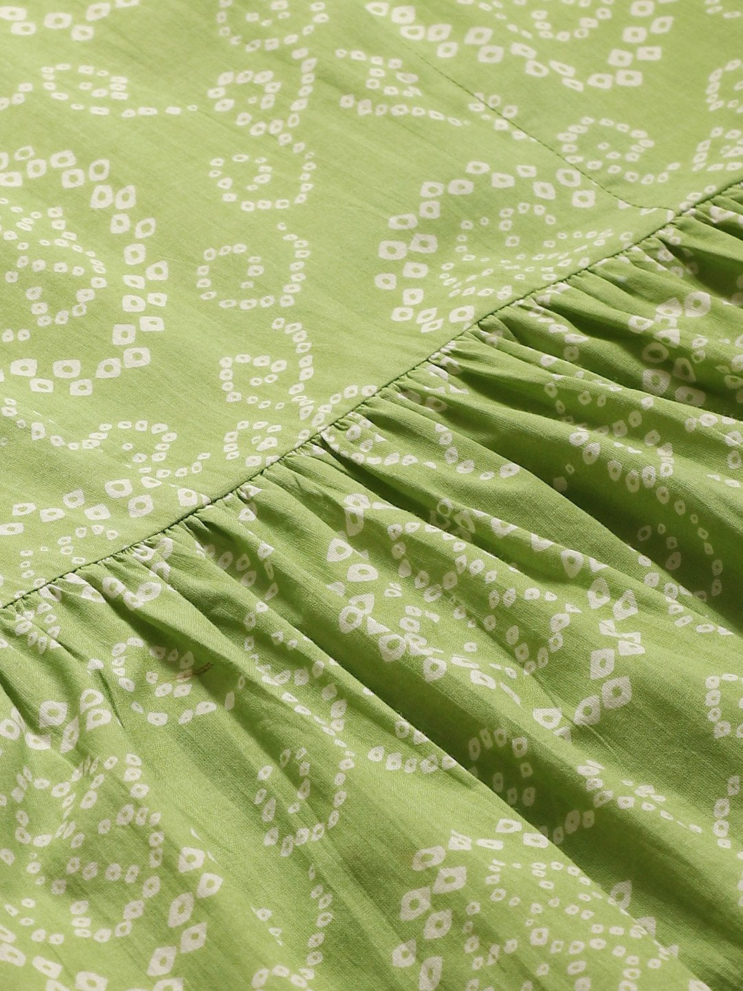 Women's Green Calf Length Short Sleeves A-Line Bandhani Printed Cotton Kurta