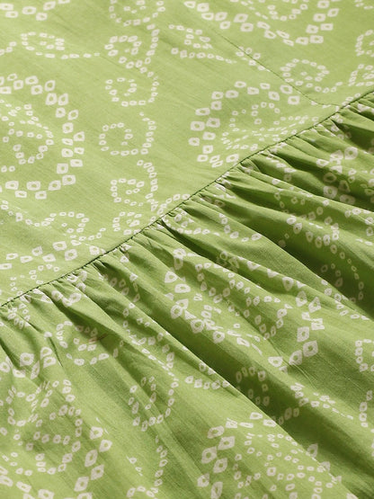 Women's Green Calf Length Short Sleeves A-Line Bandhani Printed Cotton Kurta