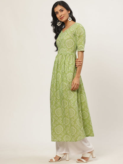 Women's Green Calf Length Short Sleeves A-Line Bandhani Printed Cotton Kurta