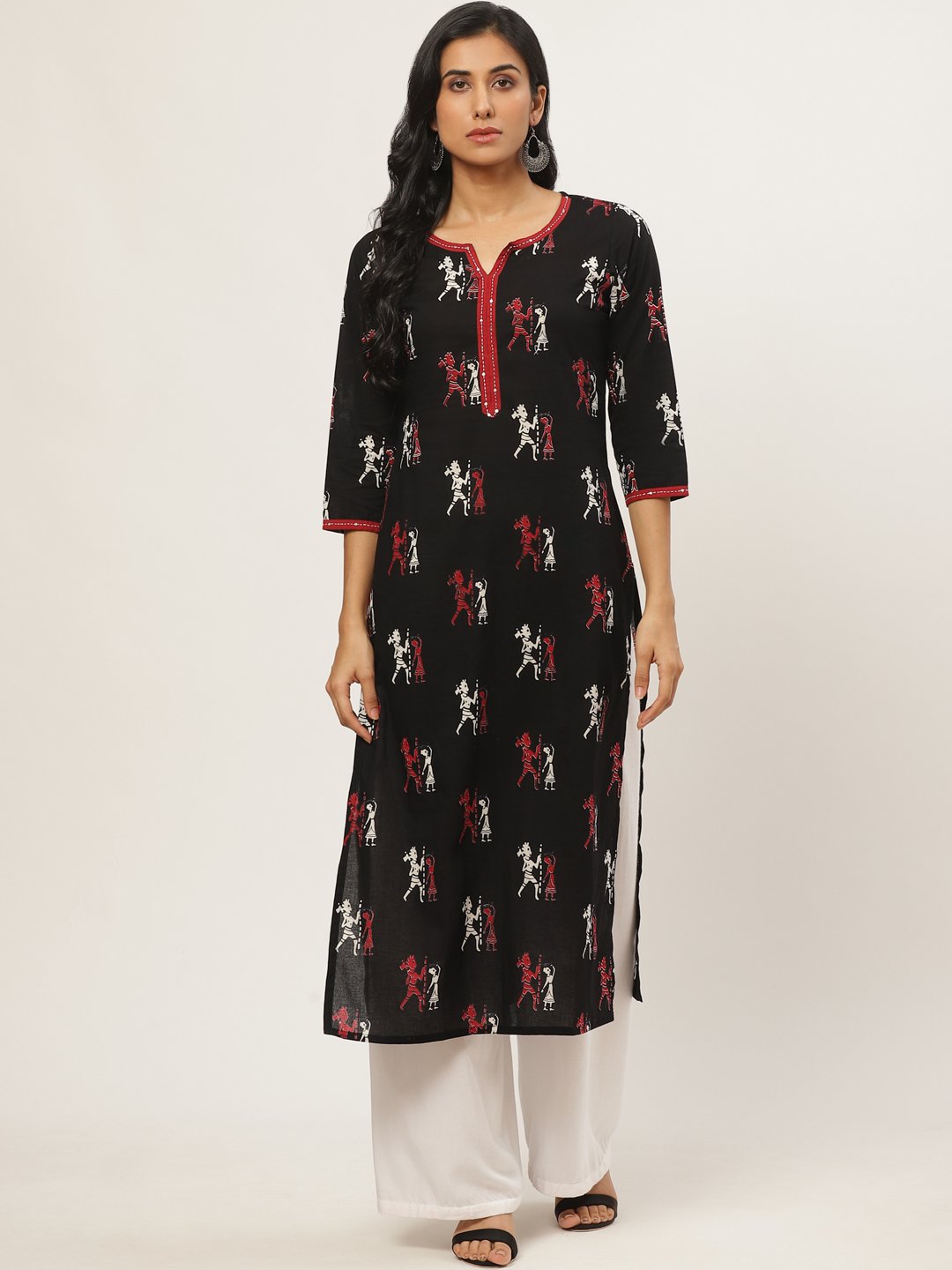 Women's Black Calf Length Three-Quarter Sleeves Straight Quirky Printed Cotton Kurta