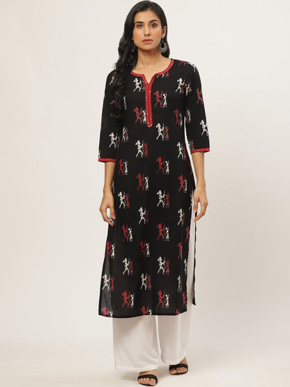Women's Black Calf Length Three-Quarter Sleeves Straight Quirky Printed Cotton Kurta