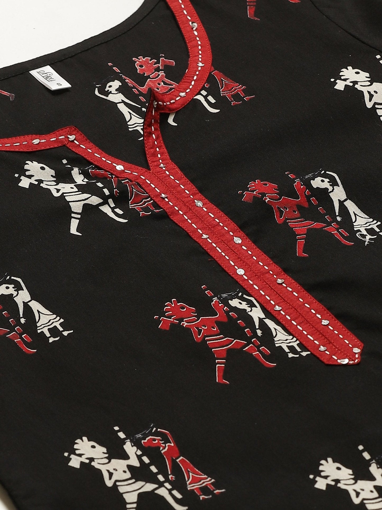 Women's Black Calf Length Three-Quarter Sleeves Straight Quirky Printed Cotton Kurta