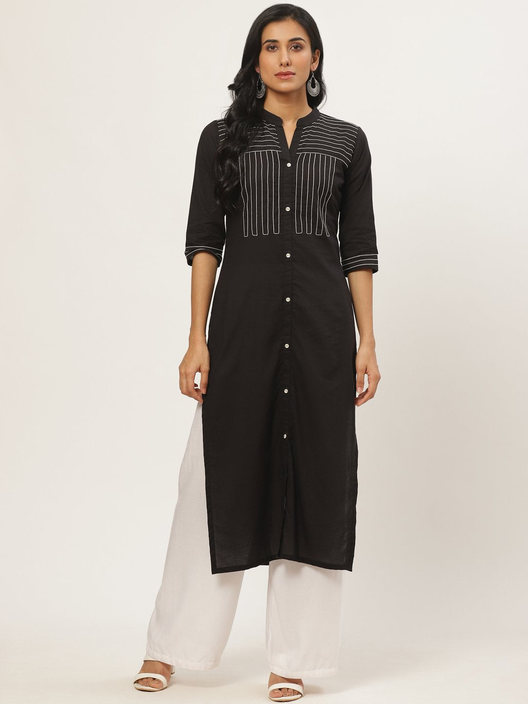 Women's Black Calf Length Three-Quarter Sleeves Straight Solid Yoke Design Cotton Kurta