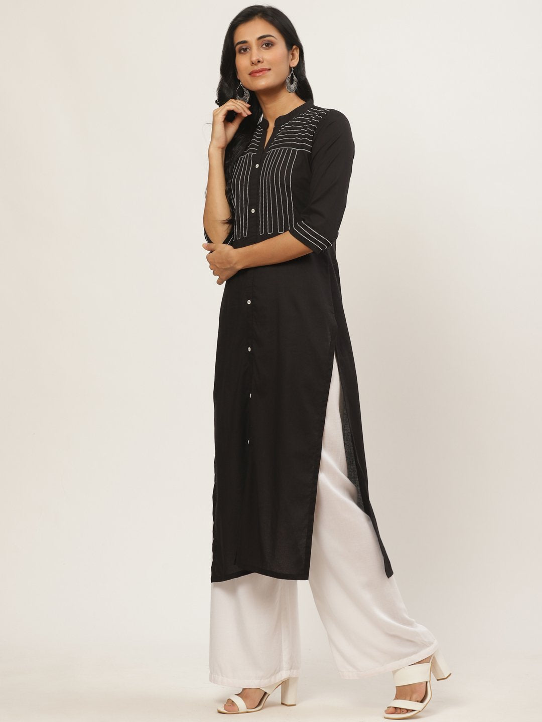 Women's Black Calf Length Three-Quarter Sleeves Straight Solid Yoke Design Cotton Kurta