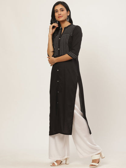 Women's Black Calf Length Three-Quarter Sleeves Straight Solid Yoke Design Cotton Kurta