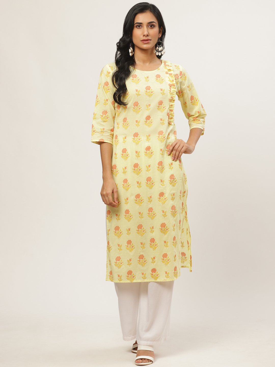 Women's Yellow Calf Length Three-Quarter Sleeves Straight Floral Yoke Design Cotton Kurta